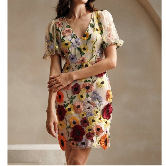 Classic Colorful Floral Applique Puff Sleeve Fitted Mini Dress - Picture 4 of 5